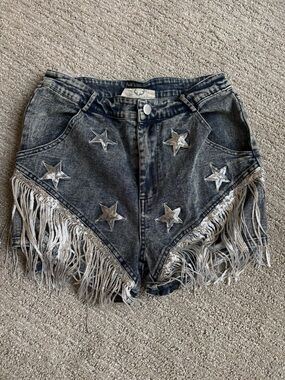 Fantastic Fawn BLUE Acid-Wash Denim Shorts with Silver Stars & Fringe